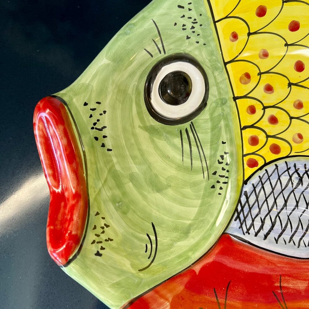 Vintage!  Hand-Painted Italian Green Face Fish Bowl/Platter/Picture by Vietri